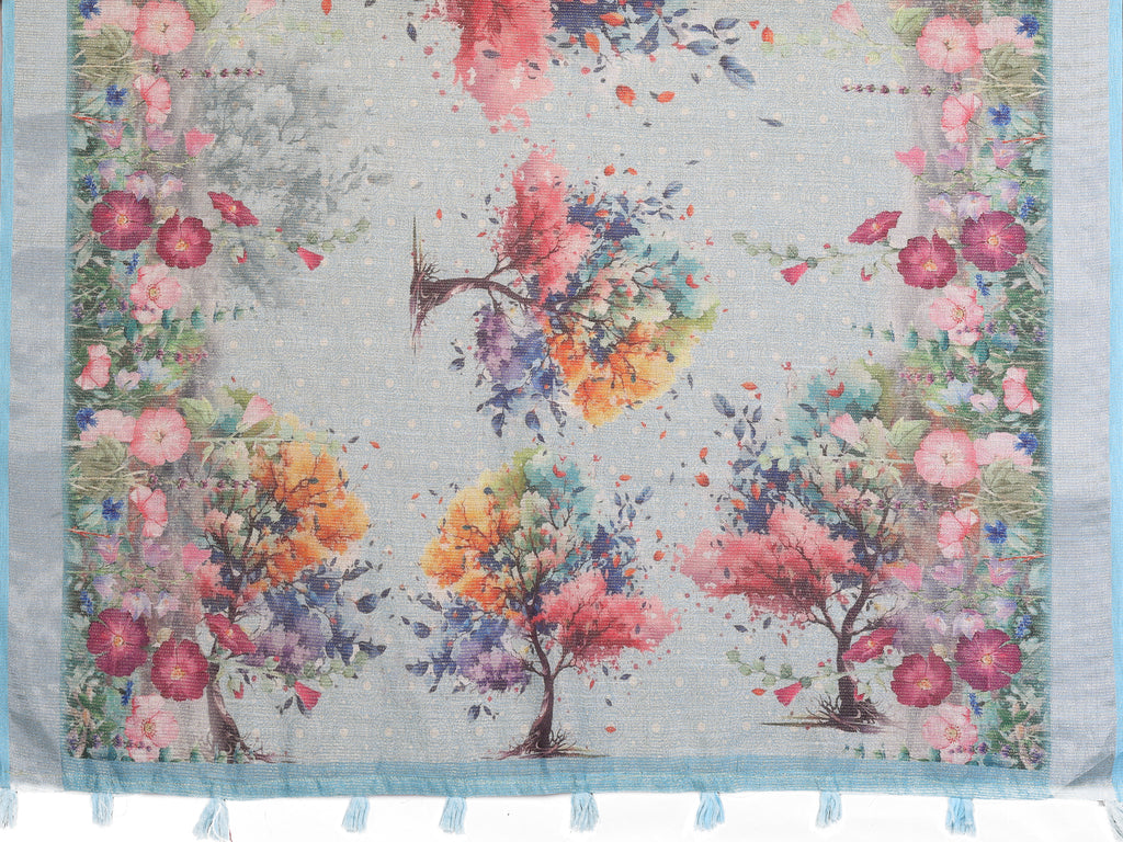 Sky Blue Multicolor Floral Print Linen Shimmer Saree