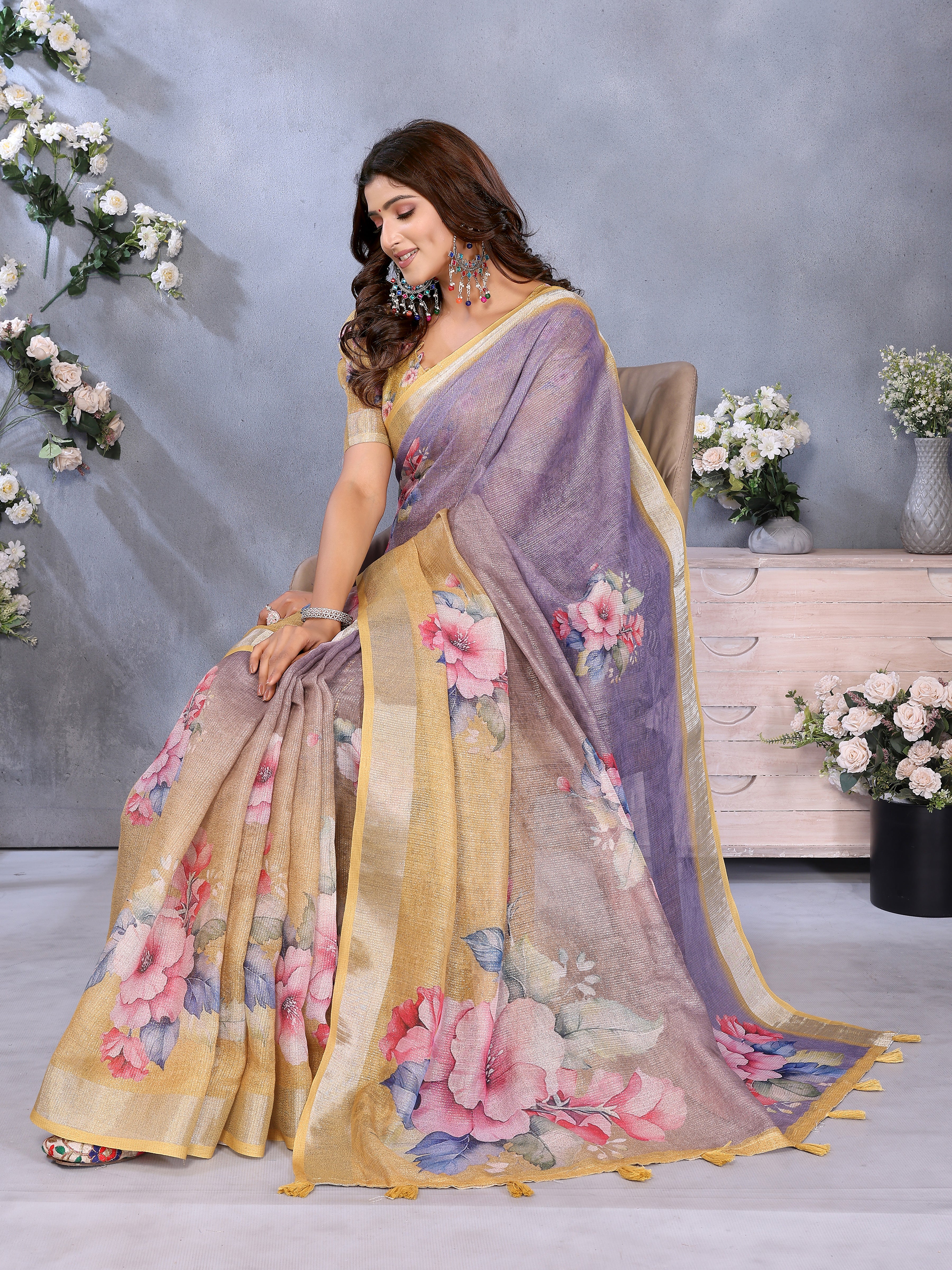 Lavender Yellow Floral Printed Saree