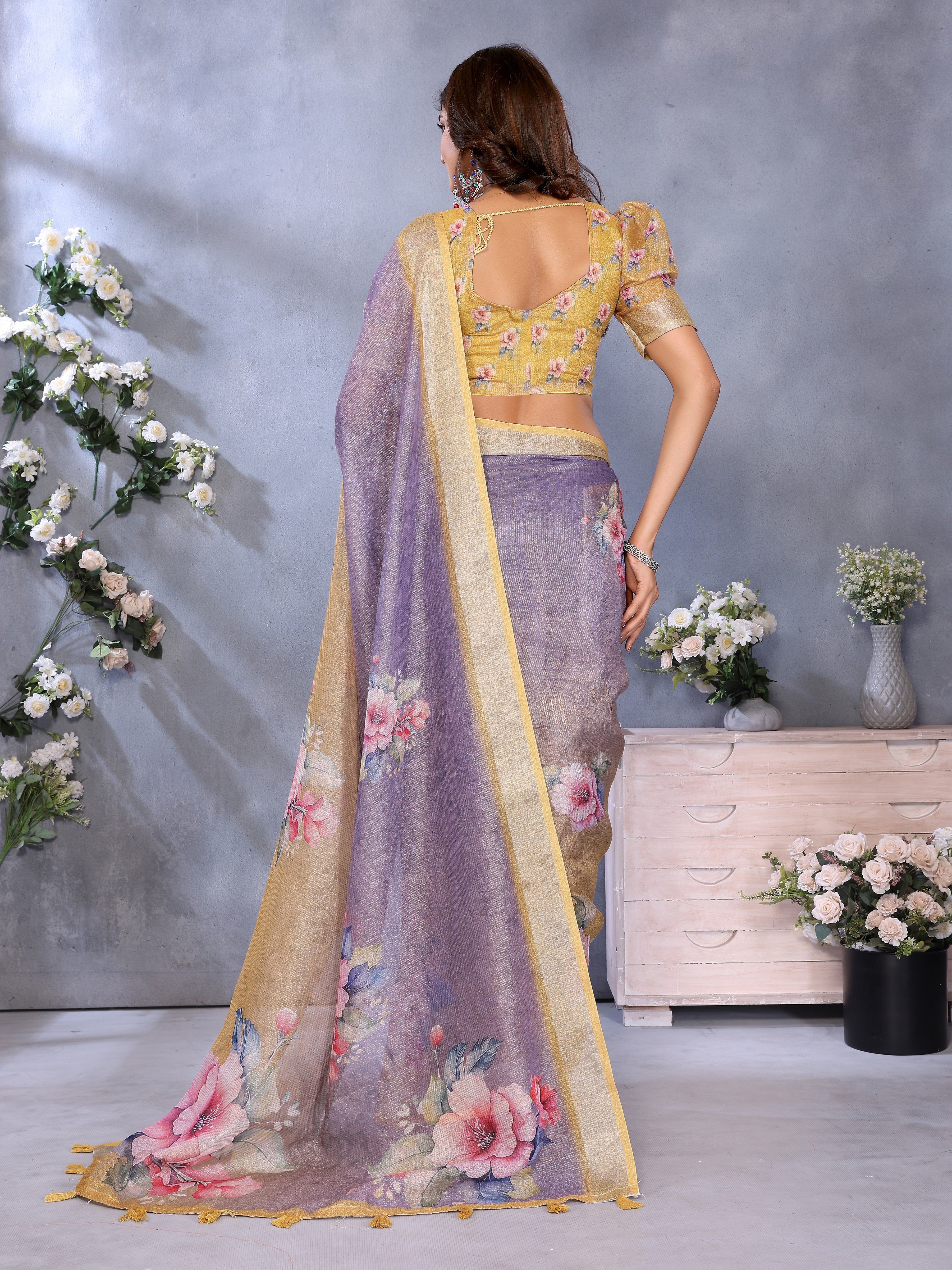 Lavender Yellow Floral Printed Saree