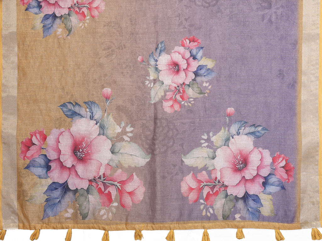 Yellow & Lavender Floral Print Linen Shimmer Saree