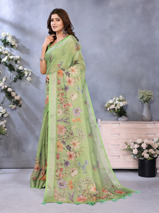 Lime Green Floral Printed Saree For Women