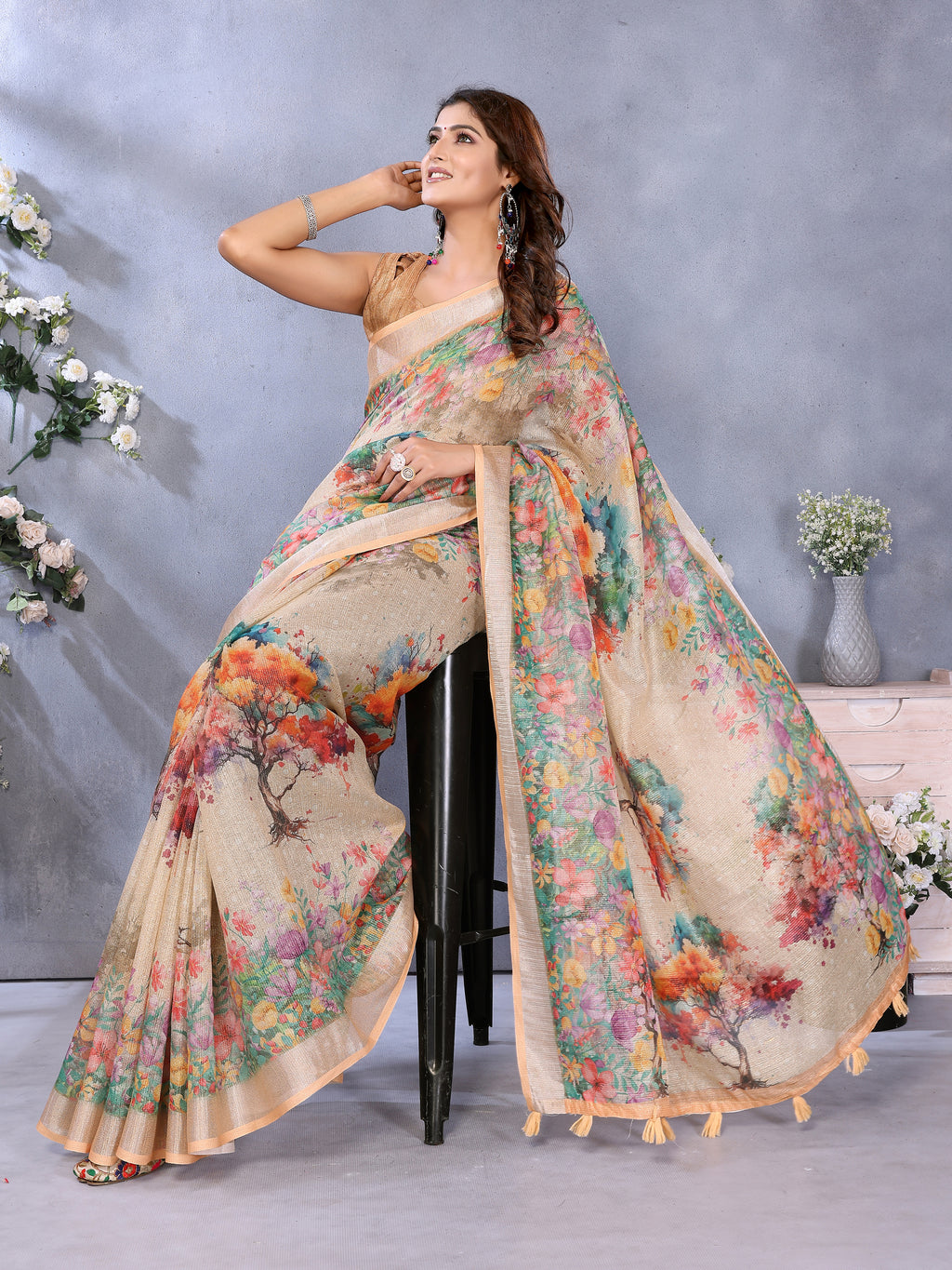 Beige Multicolor Floral Printed Saree