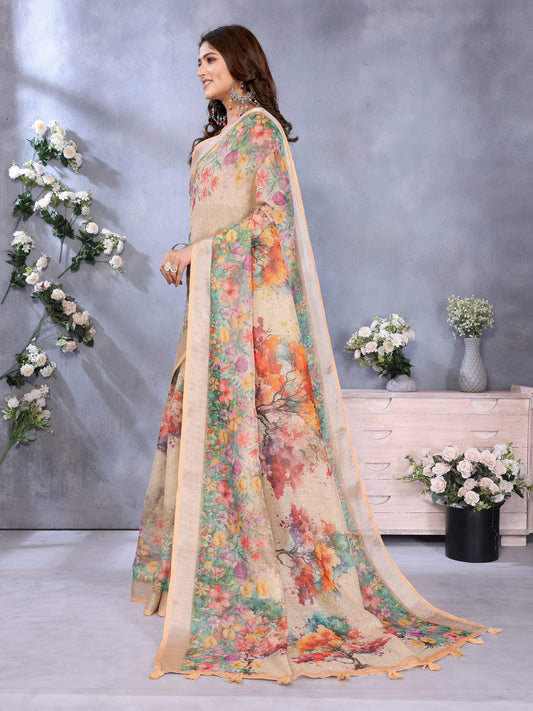 Beige Multicolor Floral Printed Saree For Women