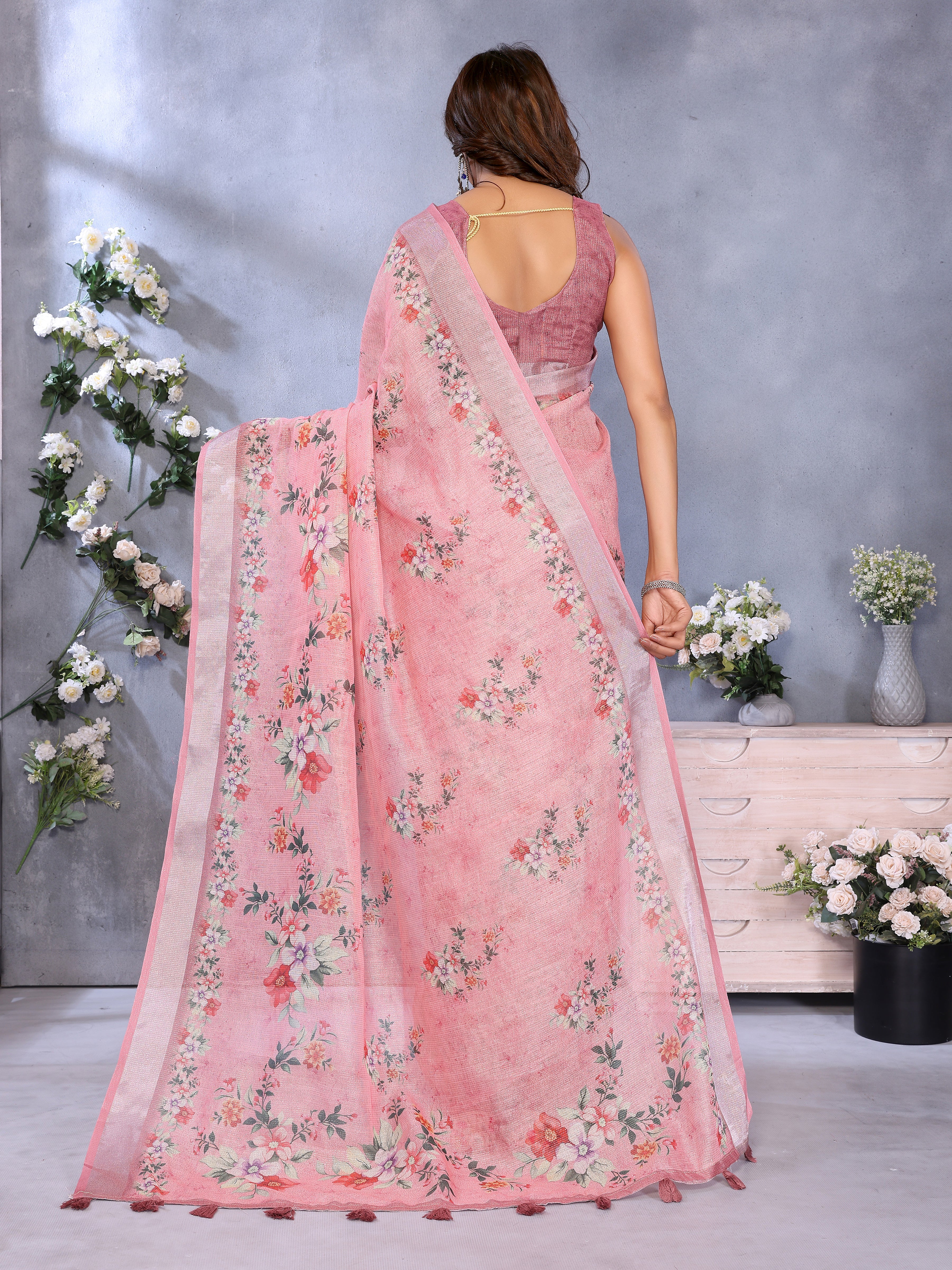 Pink Floral Print Linen Shimmer Saree