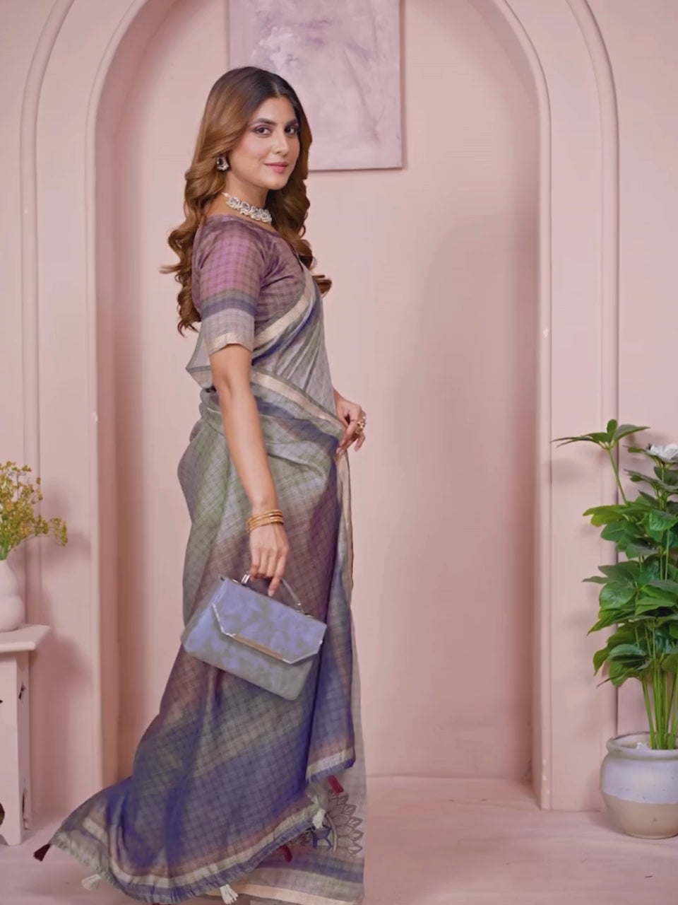 Grey Checked Black Chanderi Saree For Women