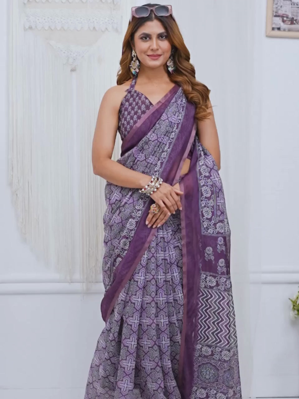 Wine Purple Traditional Printed Chanderi Saree For Women