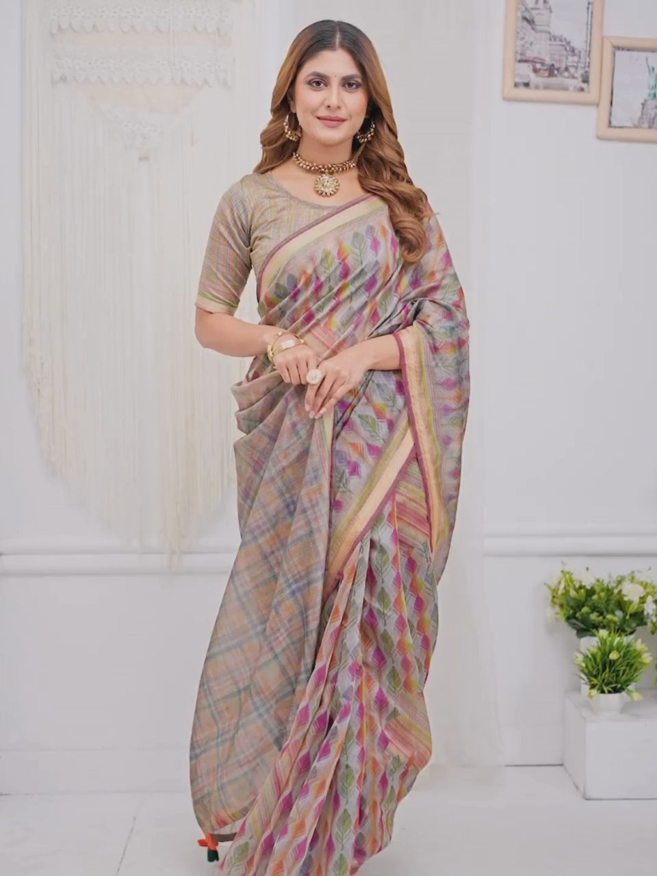 Vibrant Geometric Weaves Chanderi Saree With Contrasting Striped Border For Women