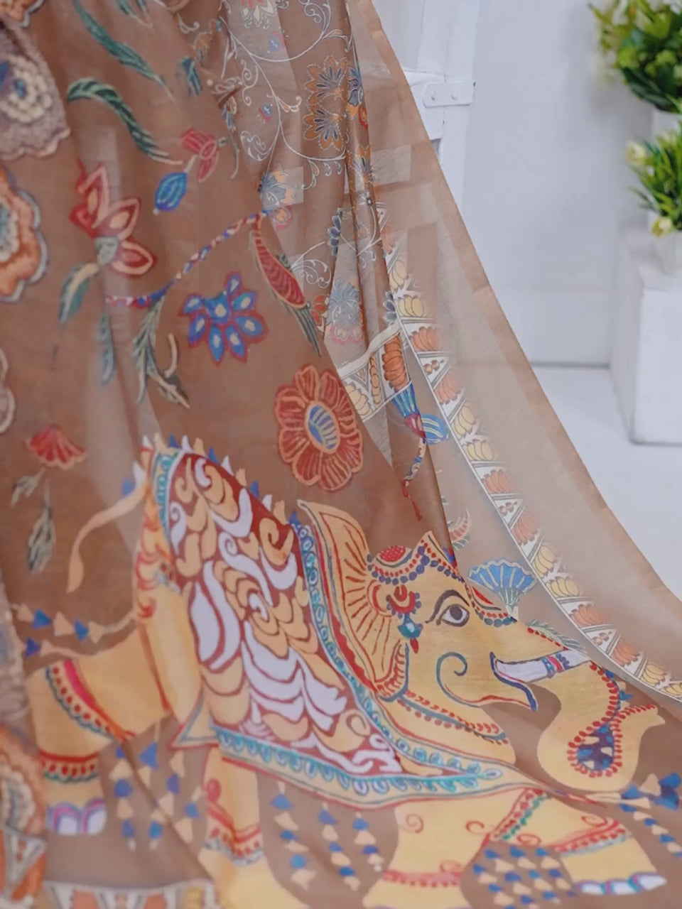 Elegant Coffee Brown Chanderi Digital Print Saree For Women