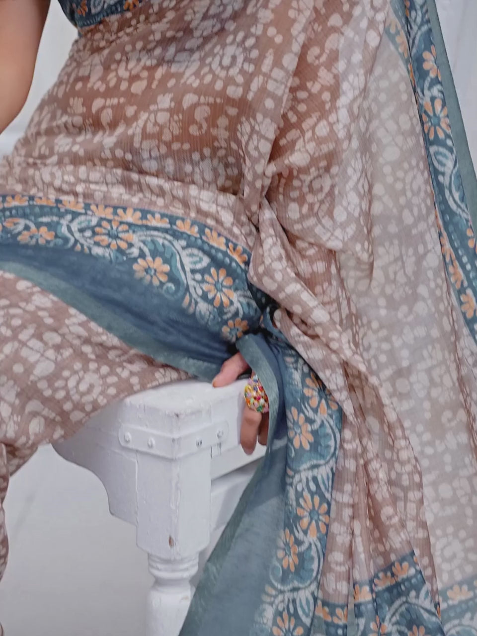 Beige & Teal Ethnic Motif Printed Chanderi Saree For Women