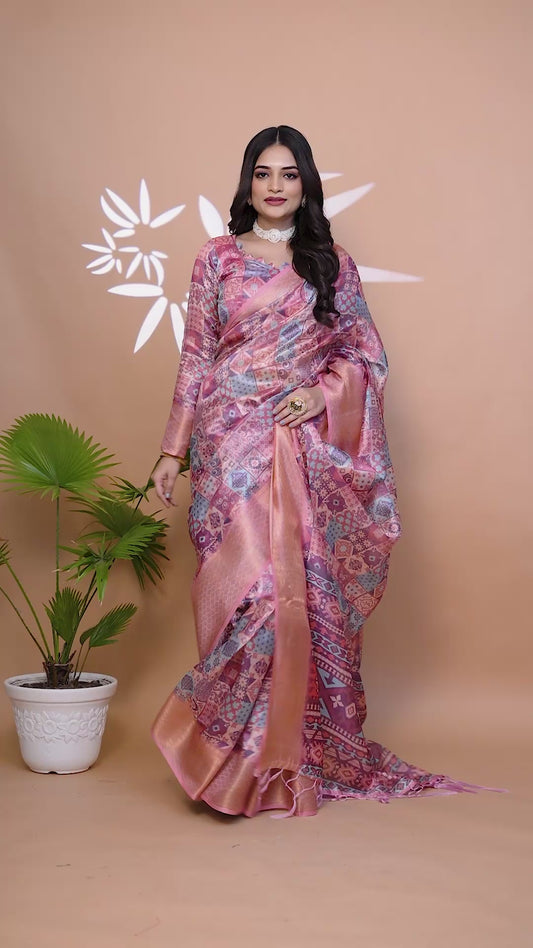 Pink Soft Silk Saree With Copper Zari Border & Multicolor Pallu For Women