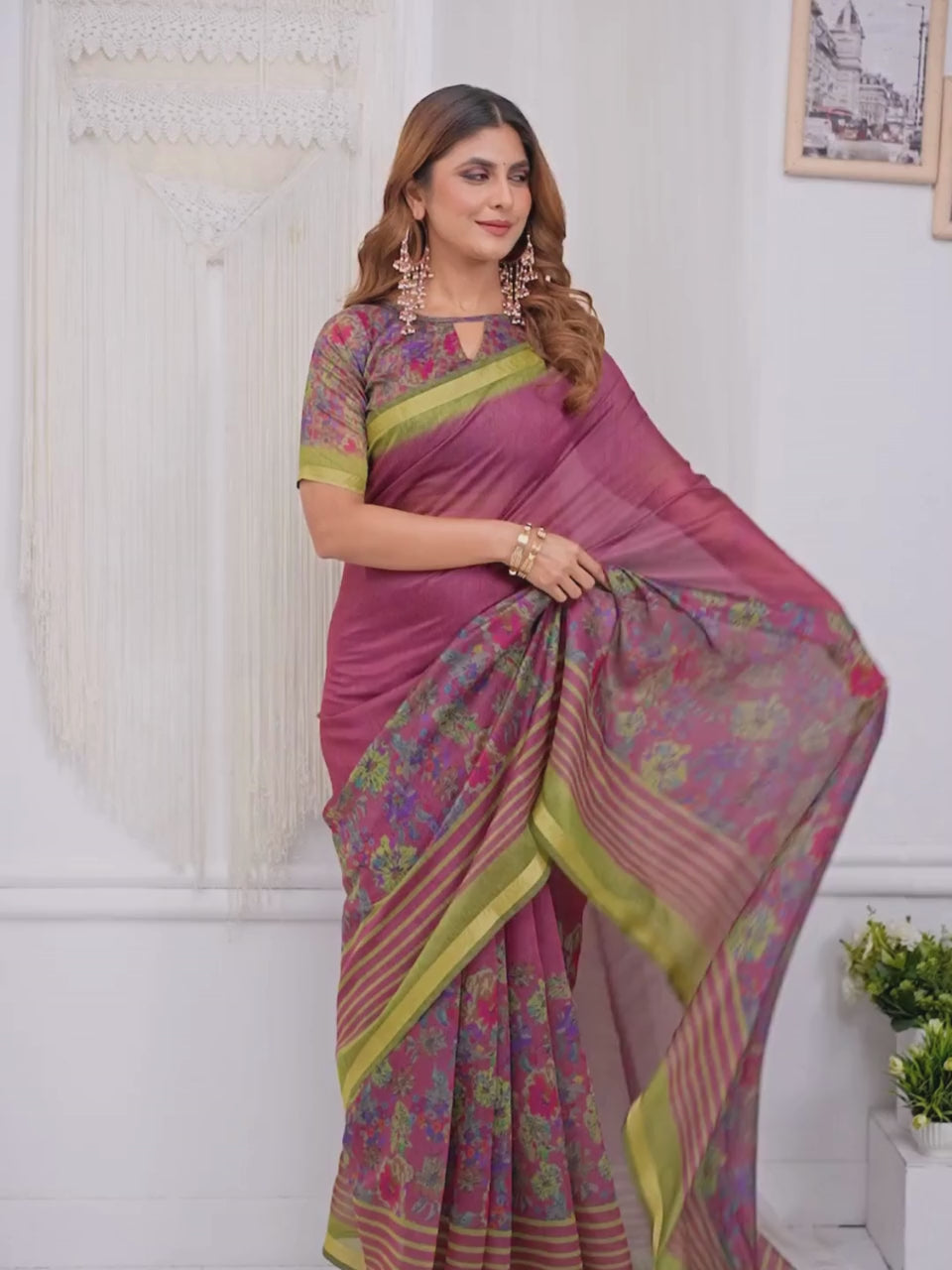 Maroon & Olive Floral Printed Chanderi Saree For Women