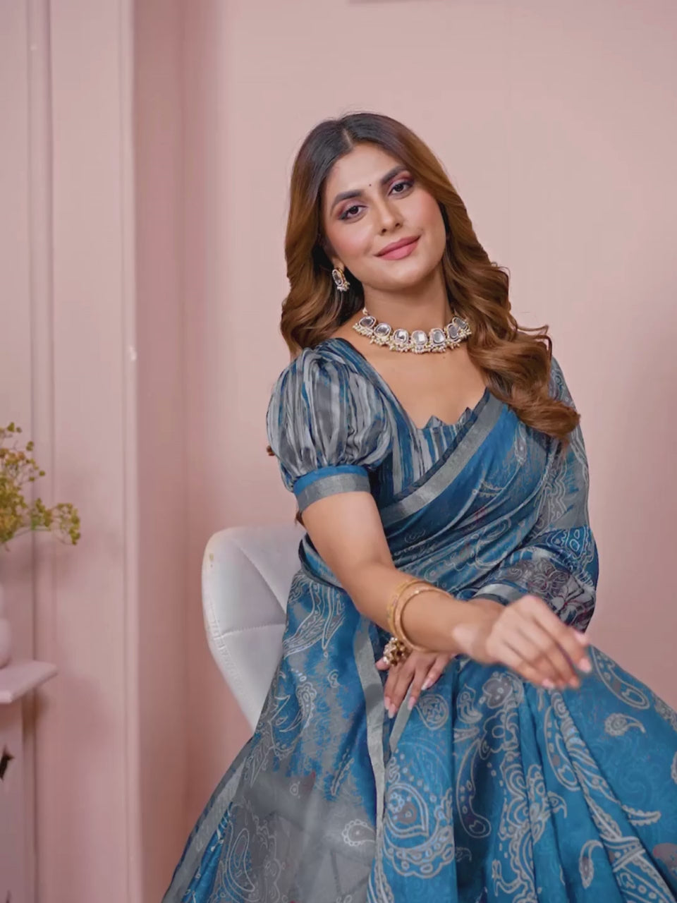 Blue Printed Black Chanderi Saree For Women