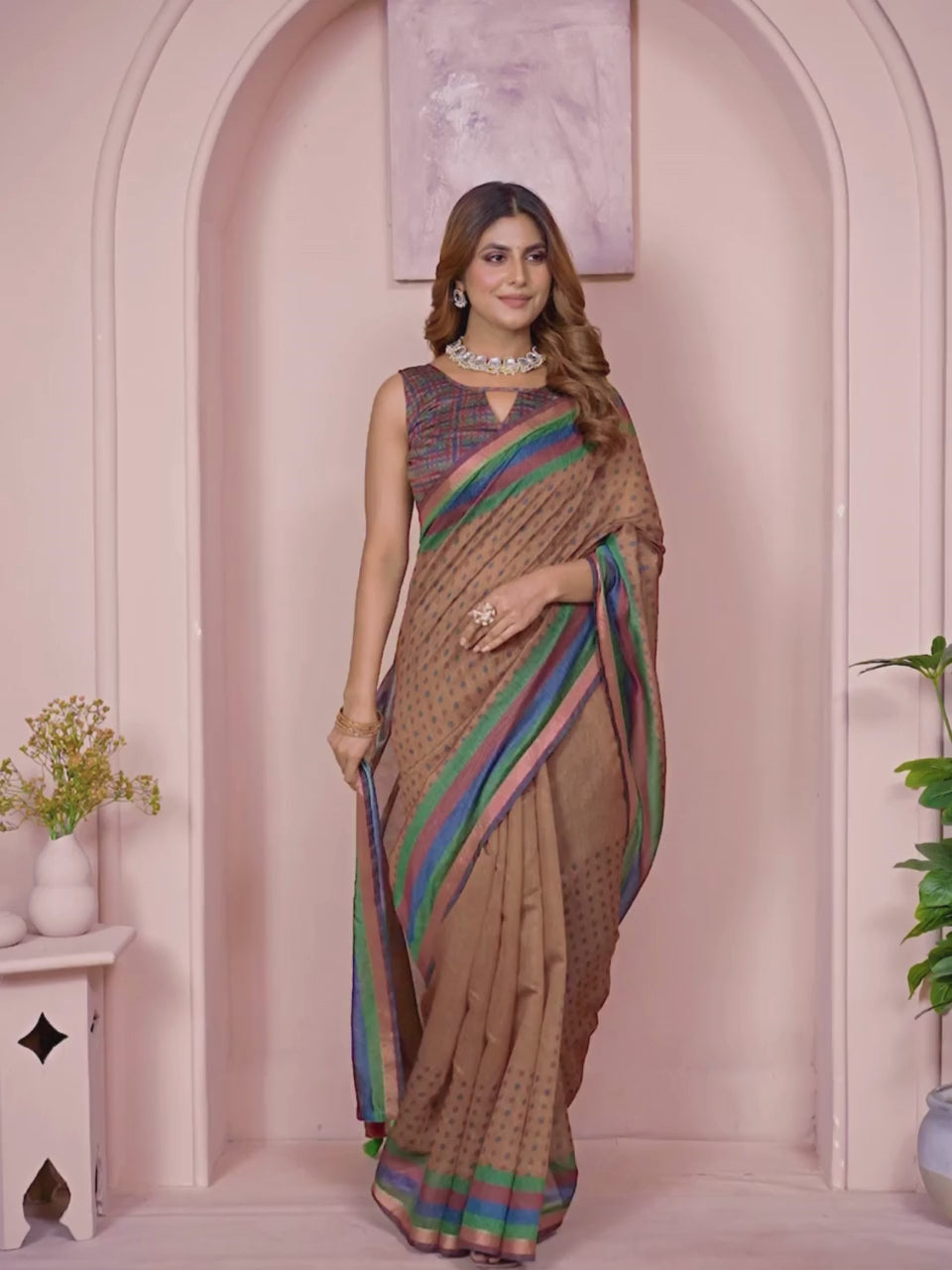 Mustard Brown Geometric Black Chanderi Saree For Women