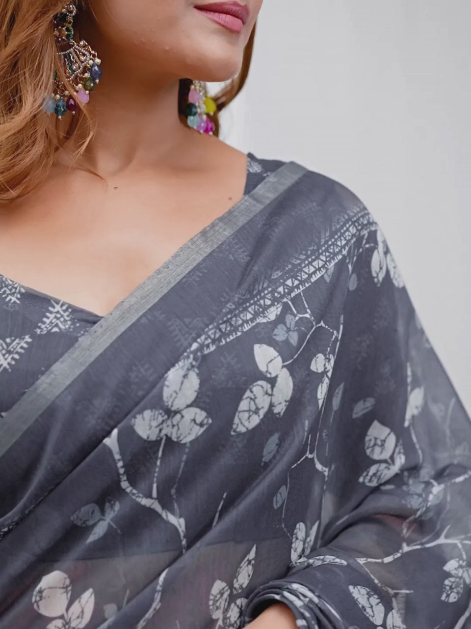 Charcoal Grey Floral Printed Chanderi Saree For Women