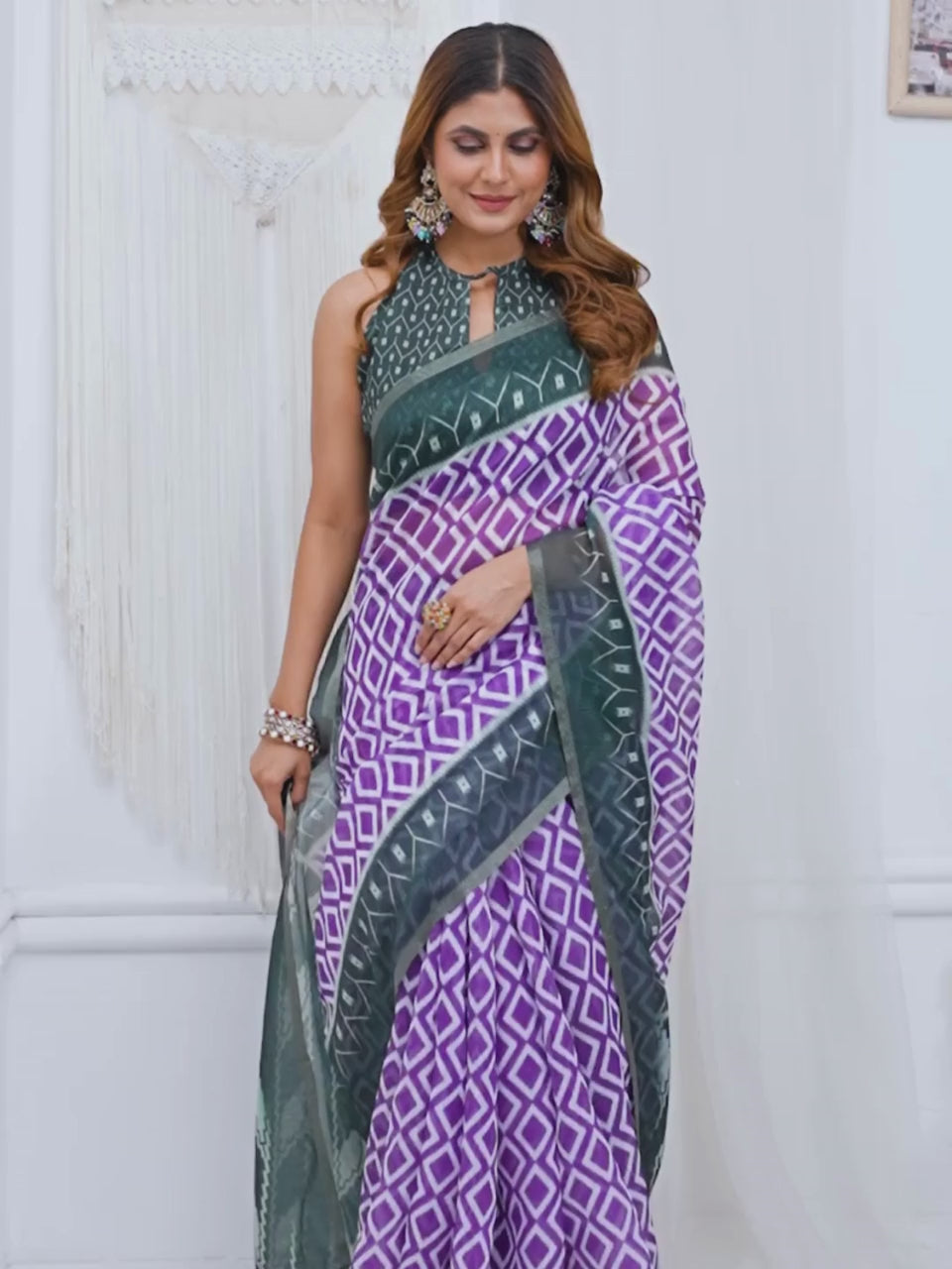 Purple & Black Ikat Printed Chanderi Saree For Women