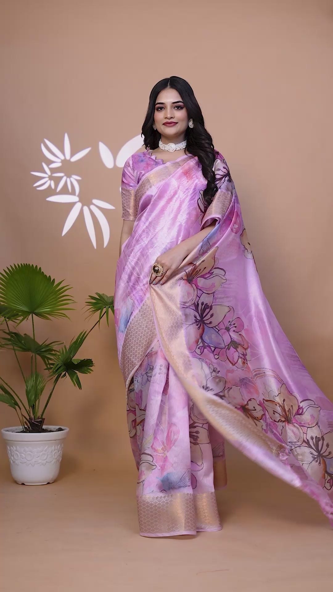 Baby Pink Soft Silk Saree With Floral Digital Print & Copper Zari Border For Women