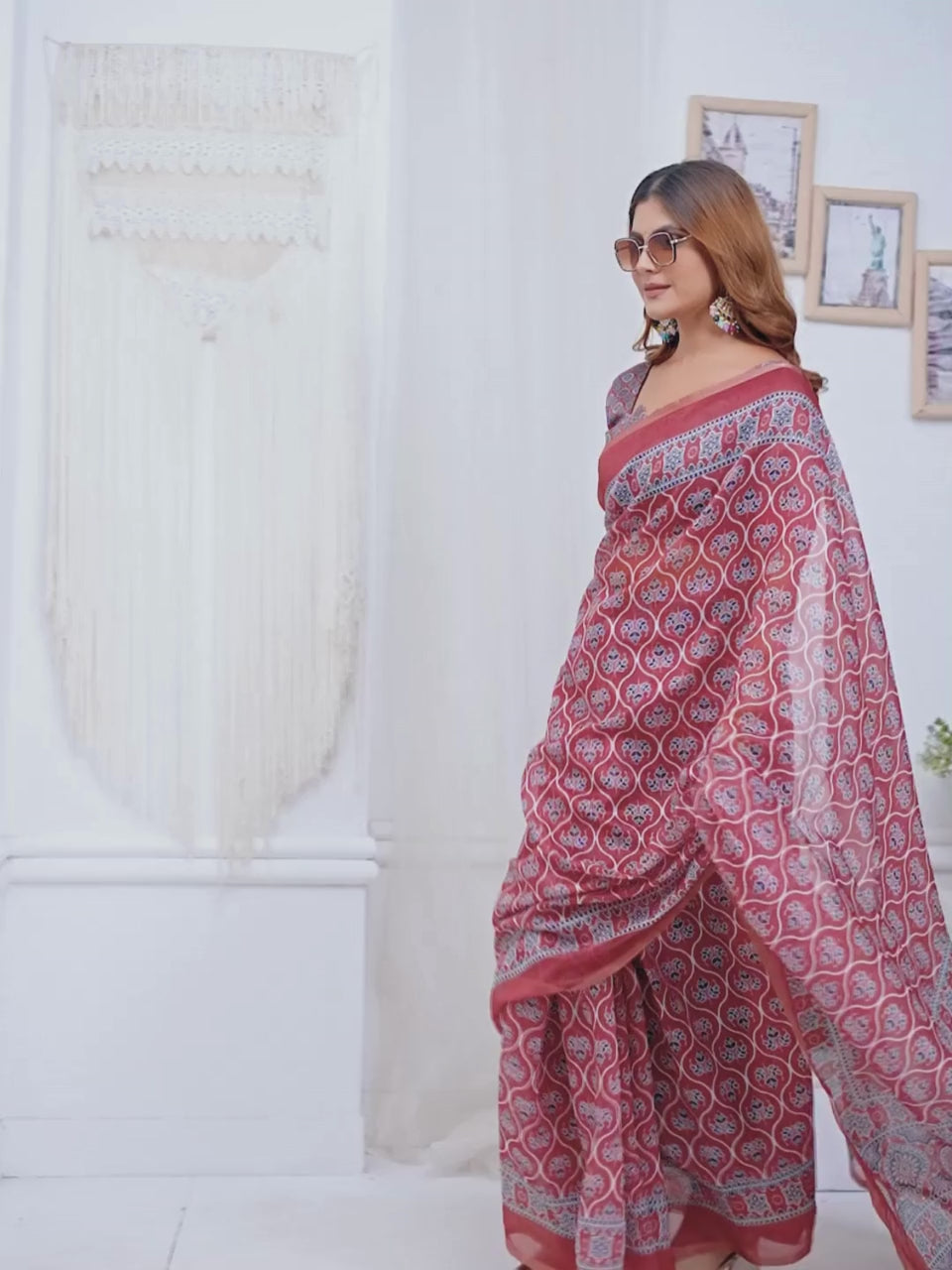 Rust Red Traditional Printed Chanderi Saree For Women