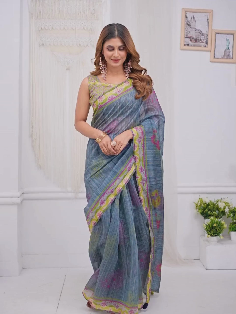 Grey Floral Printed Chanderi Saree For Women
