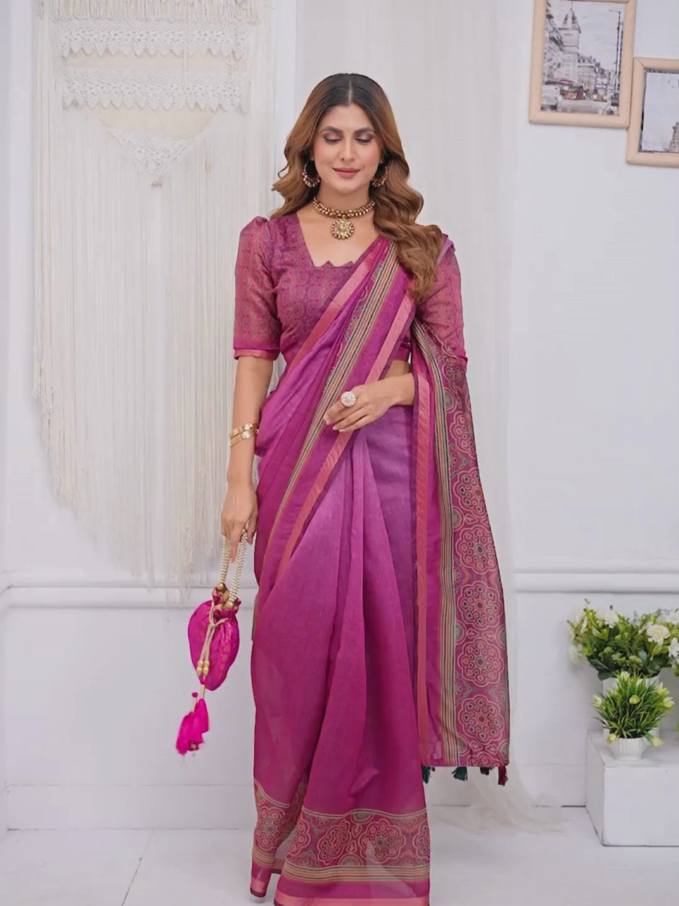 Rosewood Elegance Chanderi Saree With Ethnic Motif Border For Women